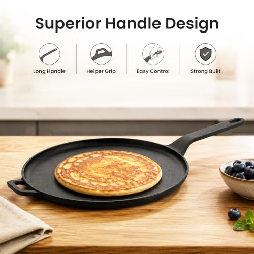 Image of HomeEssentials Non-Stick 28cm Cast Iron Dosa Tawa with Silicone Handle | Non-Stick Cooking & Serving Pan for Dosa, Chapati, Roti, Pizza, Pancakes, Omelets and Daily Cooking