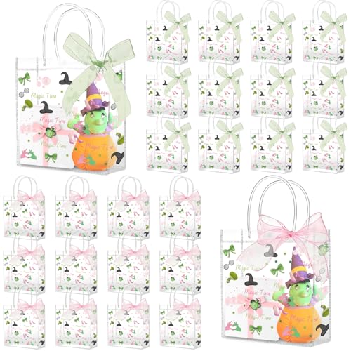 MEPIG 24 Pcs Pink and Green Party Gift Bags with Handle Clear PVC Witch Party Favor Bags with Ribbon Reusable Goodie Bag for Princess Birthday Party Baby Shower Supplies (8 X 3 X 8)
