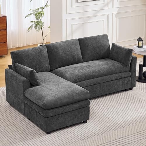 Image of 85 inch Sectional Couches with Left Chaise, Comfy Deep Dual-Layer Cushion Couch, 4 Seater L Shaped Couch, Modern Modular Sofa, Chenille Sofas for Living Room, Apartment, Grey