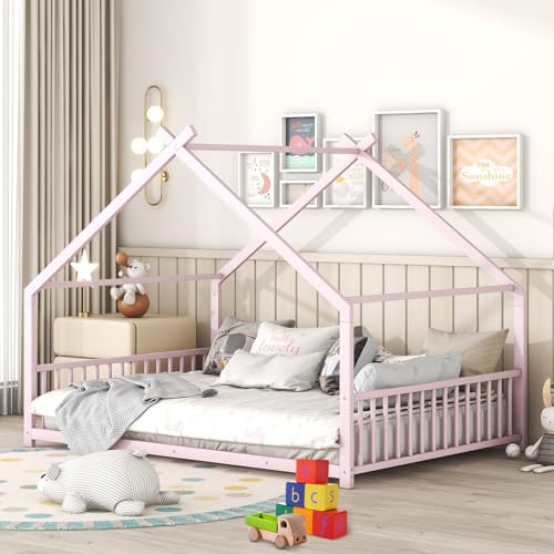 HZANHY Full Size Metal House Bed with Fence, Roof and Safety Guardrail - Montessori Toddler Floor Bed Frame for Girls, Boys, Teens - No Box Spring Needed