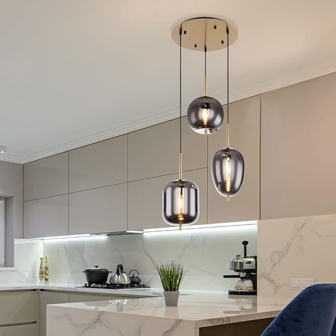 Globo 3 lampen hanglamp BLACKY rookglas kogellamp met 46cm lampkap messing photo 3