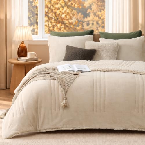 Monbix Queen Comforter Set Sherpa Plush Fuzzy Bedding 3 Pieces, Beige