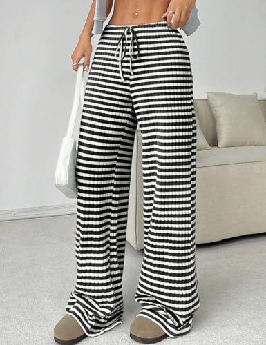 Yimoon Women's Striped Pants Wide Leg Pants Y2K Casual Drawstring Lounge Pants Elastic Waist Knit Baggy Sweatpants4