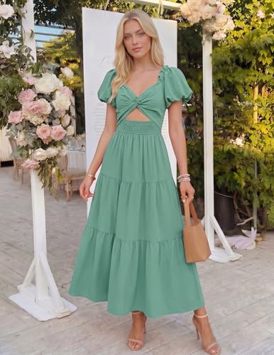 Image of ZESICA Womens Summer Casual Flowy Vacation Maxi Dress 2026 Short Puff Sleeve A Line Smocked Cutout Beach Party Dresses