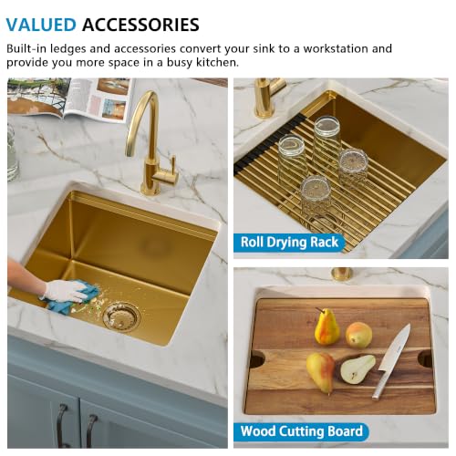 Image of 17 inchx17 inch Gold Bar Prep Sink Undermount Workstation | Brushed Gold NANO-PVD 16 Gauge T304 Stainless Steel Single Bowl Under Counter Basin for RV Kitchen Wet Bar Prep Station