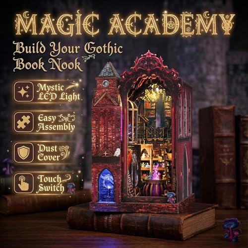 Image of Book Nook Kit, DIY Miniature House Dollhouse Crafts Kit for Adults and Teens, Magic Castle 3D Wooden Puzzle Booknook Build Bookshelf Decor, Gifts for Family and Friends（Arcane Sprire）