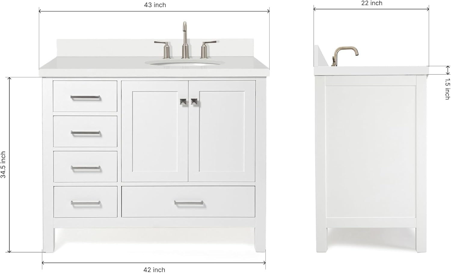 Detailed dimensions of the ARIEL Cambridge 43-inch vanity