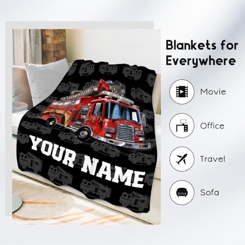 Toddler Blankets for Boys, Personalized Cozy Soft Fire Truck Throw Gifts for Kids, Black Flannel Firefighter Blankets for Bed Travel, 50x60 Inches