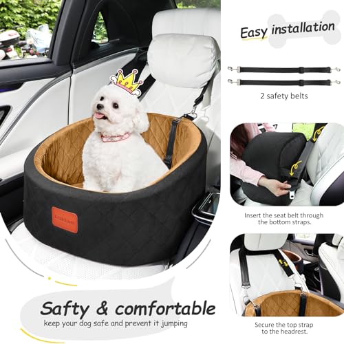 Lealchum Hunde-Autositz, bequemer Haustier-Autositz mit Sicherheitsleinen zum Anklippen, waschbares Reise-Autobett mit Rutschfester Unterseite (Black/Coffee, Small)