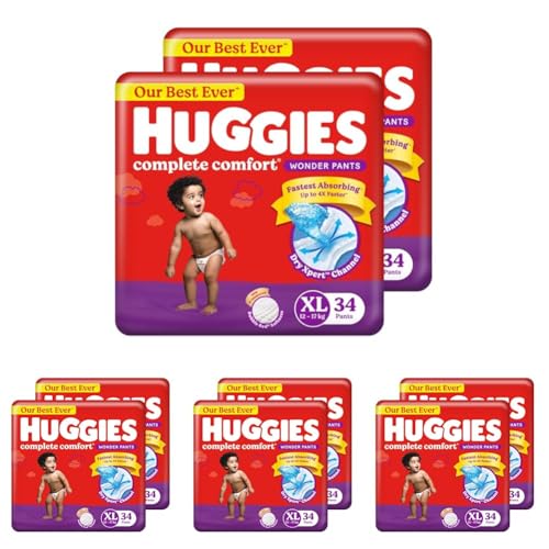 Image of Huggies Complete Comfort Wonder Pants | Pant Style Baby Diapers Extra Large Size (XL), 68 Count | India's Fastest Absorbing Diaper, Prevents Diaper Rash, Ideal for 12 to 17 Kgs (34 Count, Pack of 8)