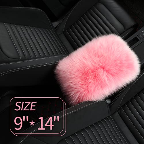 Image of IRIWOOL Sheepskin Armrest Cover Auto Center Armrest Cover Car Soft Console Pad, Fluffy Wool Auto Center Console Cover for Most Car Arm Rest Decoration Protector 9 x 14 Inch (Long Wool, Pink)