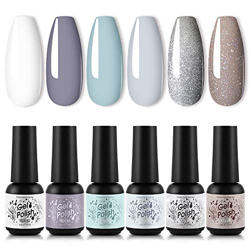ROSALIND 6pcs Gel Nail Polish Gray Green Glitter,Nail Art Design Set Need UV LED DIY at Home