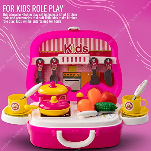 Image of Baybee Beauty Set Toys for Girls | Kids Makeup Set with Trolley Suitcase, Pretend Role Play Toys with Make up Table, Hair Accessories & Styling Tools, Portable Toy Set for Girls 3+ Years (Pink)