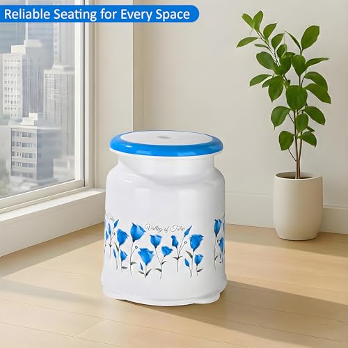 Image of Kuber Industries Strong Plastic Tulip Design Round Seating Stool for Home | Anti-Slip Stool for Adult & Senior Citizen-Friendly Design | White & Blue