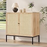 Yechen 31.5' Sideboard Cabinet with Natural Rattan Decorated Doors, Rattan Cabinet, Accent Buffet Console Storage Cane Credenza Cupboard, for Living Room Dining Room Entryway Kitchen, Metal Legs