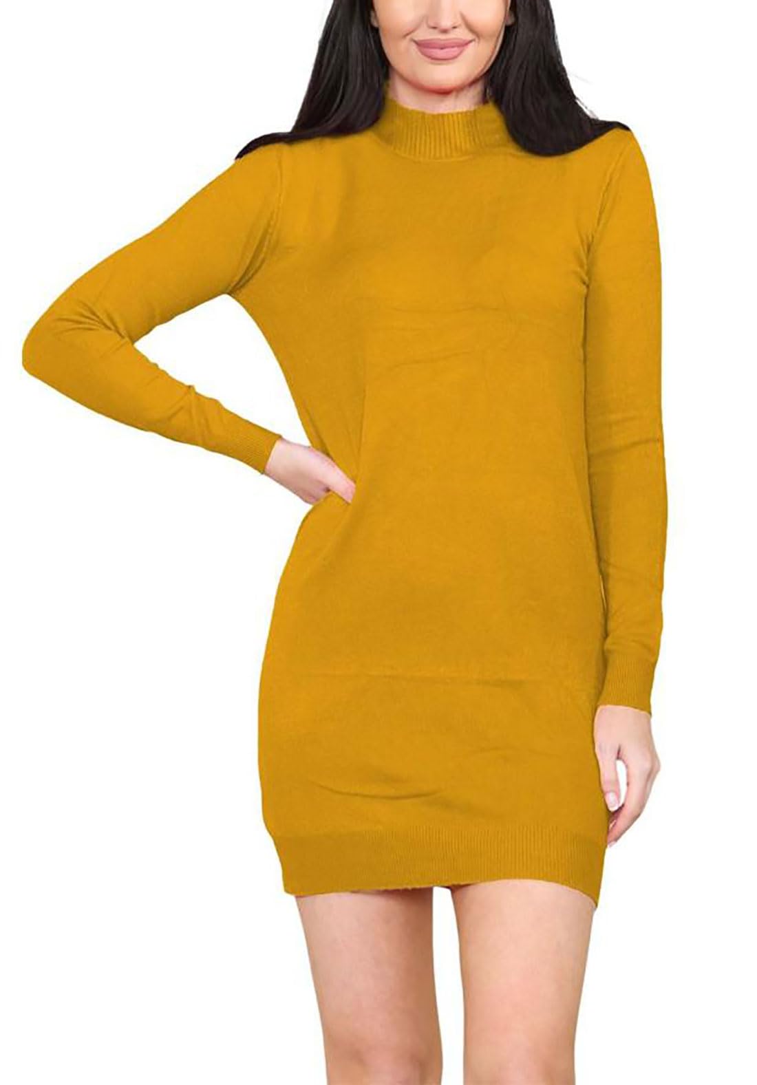 Fairy Trendz Women's Mustard Winter Polo High Neck Bodycon Long Sweater Dress Top Knitted Turtleneck Long Sleeve Pullover Slim Fitted Tunic Dress Jumper