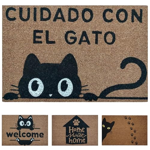 koko doormats Felpudo Entrada Casa Original de Coco Natural “Cuidado con el Gato” | Alfombra de Entrada Antideslizante para Exterior e Interior | 60x40 cm | Diseño Divertido | Base PVC Segura