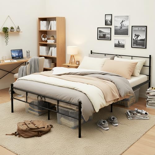 Double Bed Doppelbett Metallbett Bettrahmen Bettgestell für 140x190CM Matratze, Metall Bodenbett Schlafzimmer Bett mit Kopfteil Geeignet für Gästebett Jugendbett Seniorenbetten/Schwarz/Stil B – Bild 3