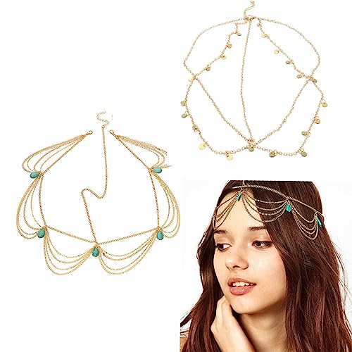 SJBAUTYO 2 pcs Catena per la Testa Stile Bohémien,Catena con Ciondolo in Cristallo,Catena a Fascia a Strati con Paillettes Dorate, da Sposa,Per Festival,Accessori Per Capelli Per Donne e Ragazze (oro)