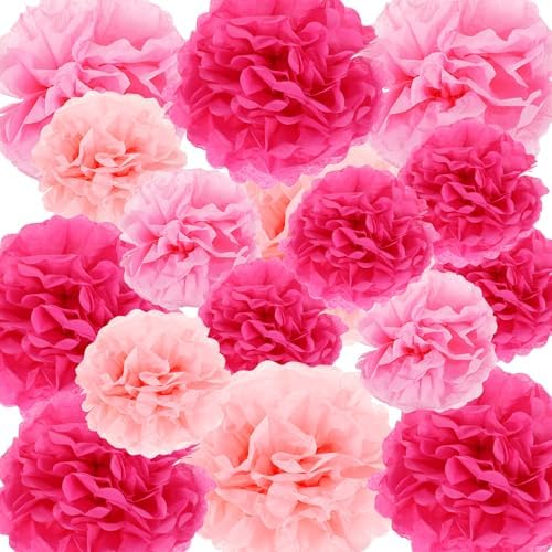 Tissue Paper Pom Poms 16pcs Hot Pink Tissue Pom Poms Paper Flower...