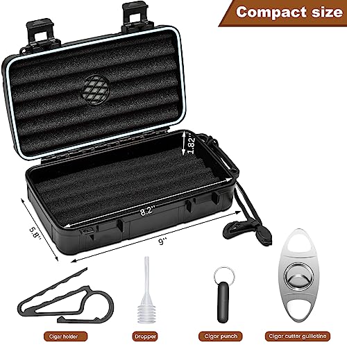 Image of Flauno Travel Cigar Humidor Case - Portable Cigar Box kit with Humidifier Disc, Cigar Cutter, Cigar Punch, Cigar Holder & Dropper, Waterproof, Crushproof, Airtight (Holds up to 10 Cigars)