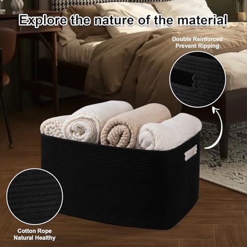 Image of OIAHOMY 75L Large Blanket Basket, Storage Baskets with Handle, Rectangle Woven Cotton Rope Basket, Toy Organizer Bins, 22 inch x 17 inchx 12 inch in,Charcoal Black