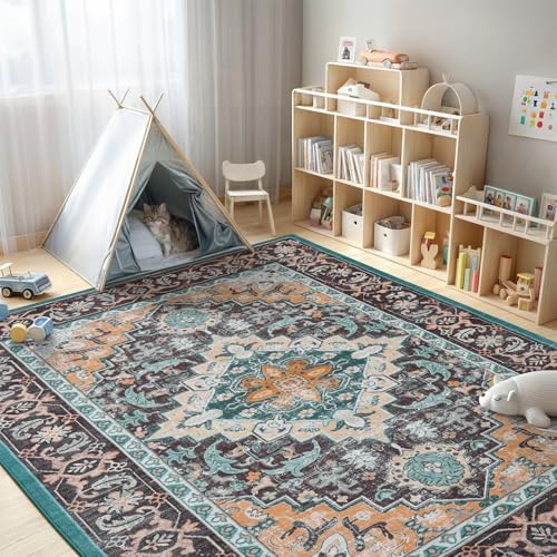 Lofus 6x9 Area Rugs for Living Room, Washable Area Rug, Rugs for Bedroom, Kitchen, Vintage Boho Carpet, Soft Non-Slip, Low Pile Large Area Rug for Office Dining Room, Floral Green