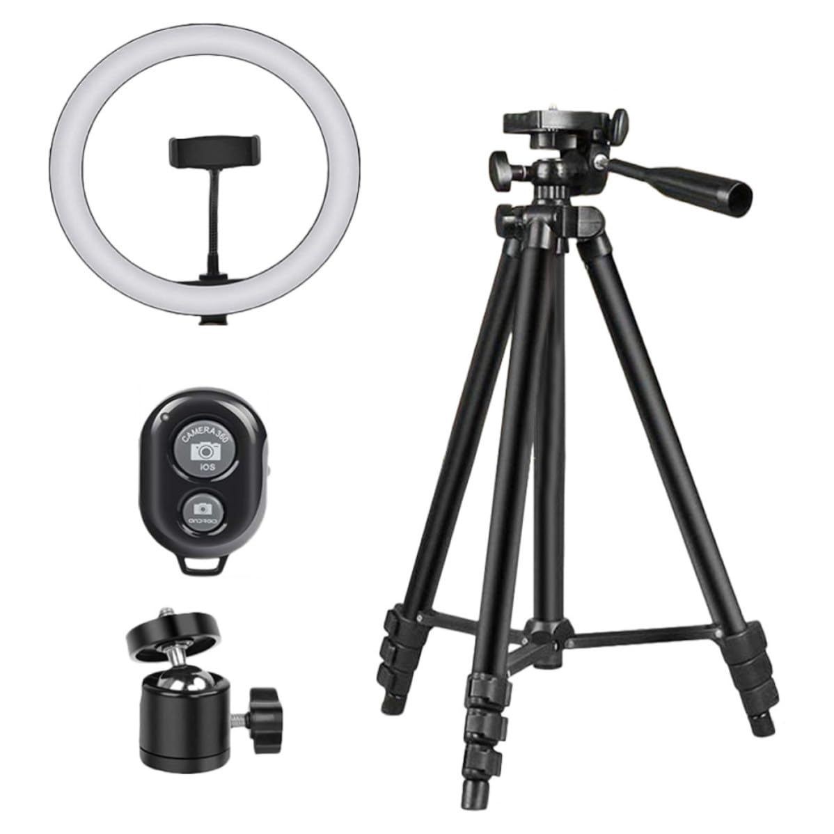 Luce ad Anello LED con Treppiede e Maniglia, Nero, Plastico