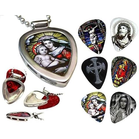 PICKBAY Guitar Pick Holder Pendant & 7 Christian Religious Guitar picks w Adjustable BIGGER Ball Chain Necklace Jesus MARY Infant Jesus (authentic PICKBAY) Cover