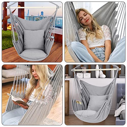 Y- Stop Hammock Chair Hanging Rope Swing Chair, Max 500 Lbs, 2 Seat Cushions Included, Removable Steel Spreader Bar With Anti-Slip Rings, Hardware Kit-For Indoor Or Outdoor(Light Grey) #TOP1