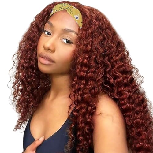 Image of XSY Headband Wig Human Hair Red Reddish Brown 14 Inch Deep Wave Human Hair Wigs for Black Women Curly Headband Wigs Glueless Machine Made Wigs 150% Density