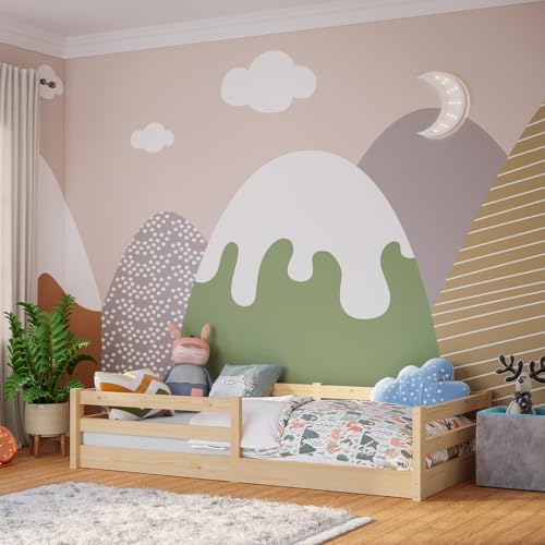 Bellabino Iskri Bodenbett 90x200 cm – Montessori Kinderbett mit Rausfallschutz & Lattenrost – Holzbett für Jungen & Mädchen aus Kiefer Massivholz in Natur – Kleinkindbett
