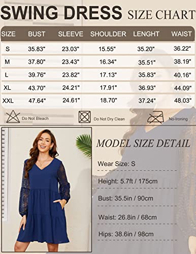 Women's 2023 Spring Summer Casual Dress Lace Hollow Long Sleeve V-Neck Cute Shift Mini Babydoll Dresses With Pockets Navy #TOP5