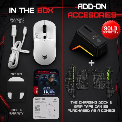Image of EvoFox Ghost X Ultra Light Wireless Gaming Mouse, 54g, Tri-Mode (2.4GHz, Bluetooth & Wired), 8000Hz Polling Rate, 30,000 DPI Sensor, 6 Programmable Buttons, Huano Switches
