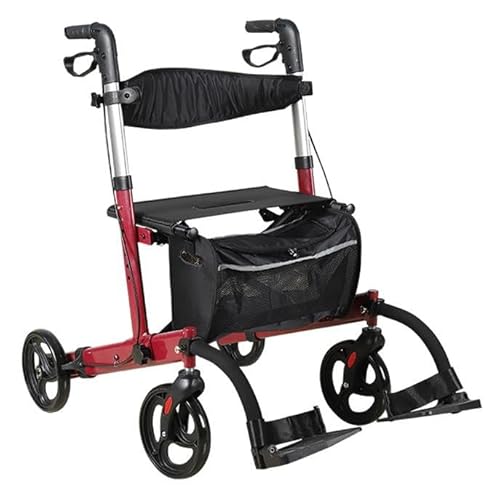Rollator in Alluminio Pieghevole,Deambulatore per Anziani con 4 ruote,deambulatore da esterno,Girello anziani,Deambulatore Girello per Anziani e Disabili Pieghevole red