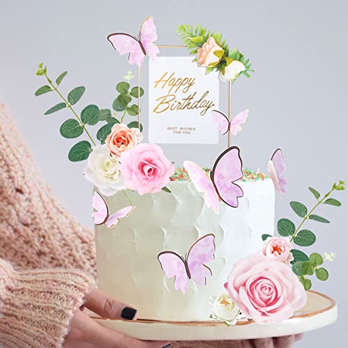 21 Pcs Butterfly Cake Toppers Flower Cake Topper Acrylic Happy Birthday Cake Toppers Artificial Rose Flowers Eucalyptus Leaves Cake Decorations For Wedding Birthday Party Bridal Baby Shower Supplies #TOP6