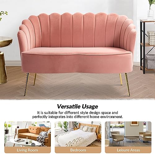Image of HULALA HOME Velvet Loveseat Sofa with Gold Legs, Modern 2-Seater Sofa for Living Room Bedroom, Comfy Upholstered Small Love Seat Couch, Flower Shaped Back, Pink