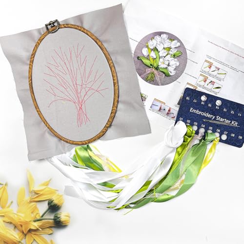 Image of FONNUY Ribbon Embroidery 3D Flowers Pattern Design Kit Embroidery DIY Handwork Set Oval Home Decoration (White Tulip)