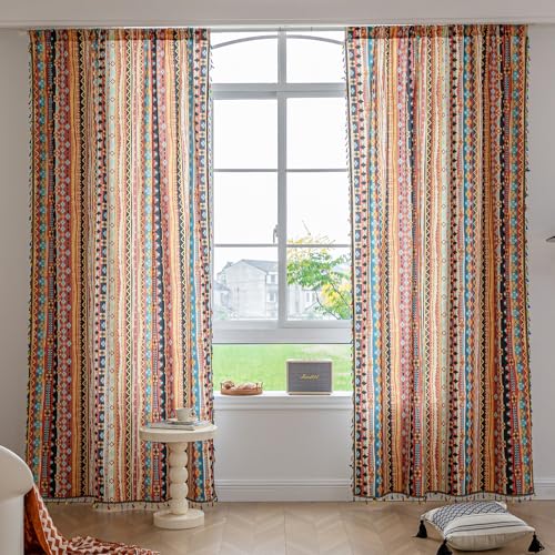 Image of Boho Curtains Geometric Light Filtering Semi-Blackout Window Curtains 54 Inches Long Rod Pocket Drapes for Living Room 2 Panels-Vintage Red