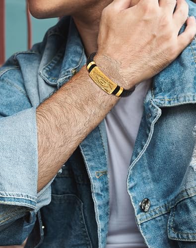 YL Cross Viking Skull Masonic Bracelet, Mens Leather 18K Gold/Rhodium Plated Stainless Steel Scorpion Owl Christian Bible Verse Military Hero Handcrafted Cuff Jewelry Gifts for Women3