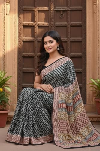 Image of Mulmul Cotton Saree for Women with Blouse Piece | Ajark Sarees | Hand Block Prints Sari | Bagru Print | Soft Mul Cotton Sadi