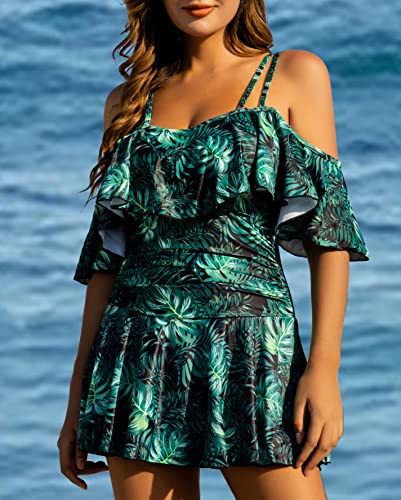 Image of COCOPEAR Women's One Piece Flounce Swimsuit Off Shoulder Bathing Suit Tummy Control Swimdress(FBA)