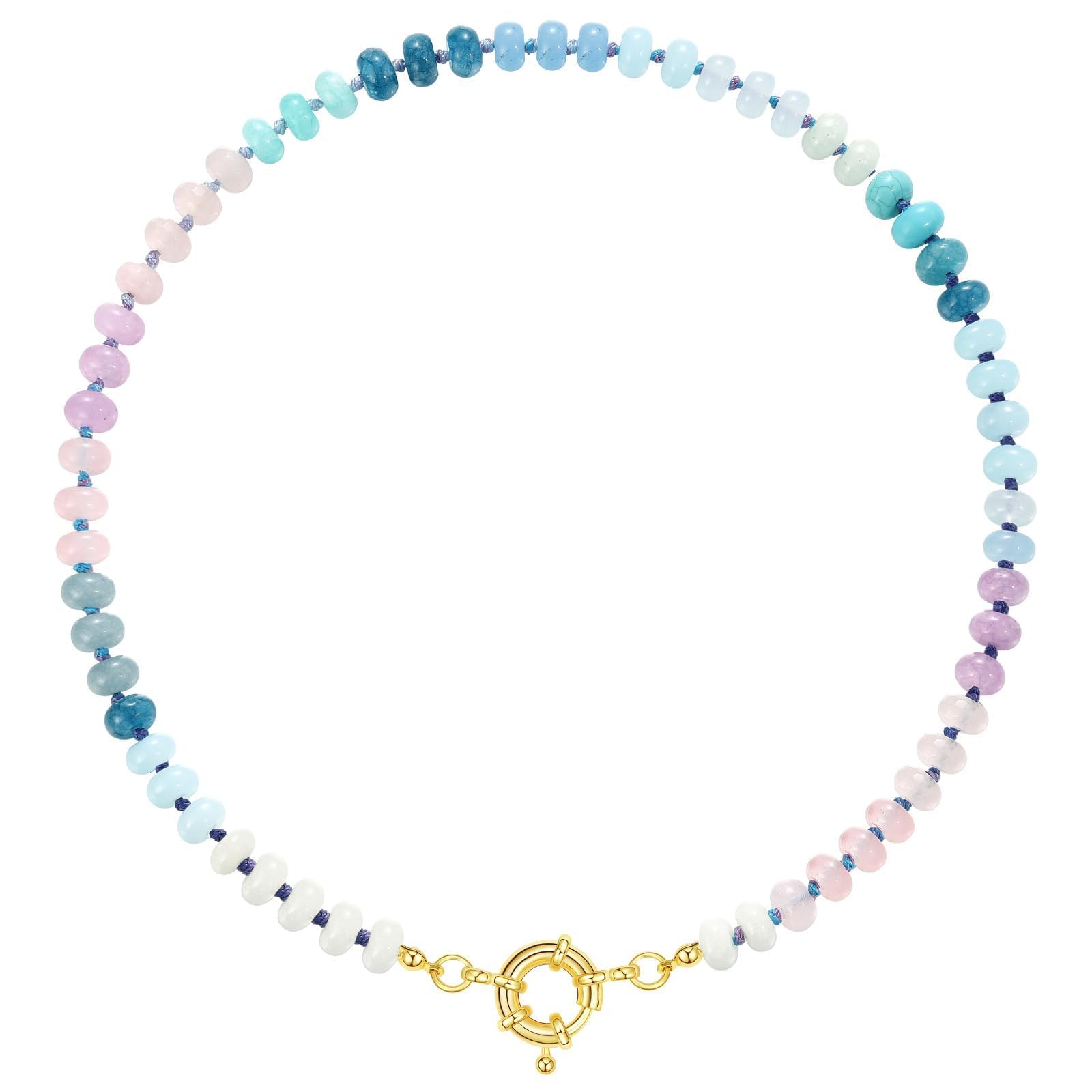 KissYanBeaded Gemstone Necklace for Women, Colorful Boho Bead Choker Natural Stone Surfer Beach Necklaces 14K Gold Plated Summer Handmade Jewelry