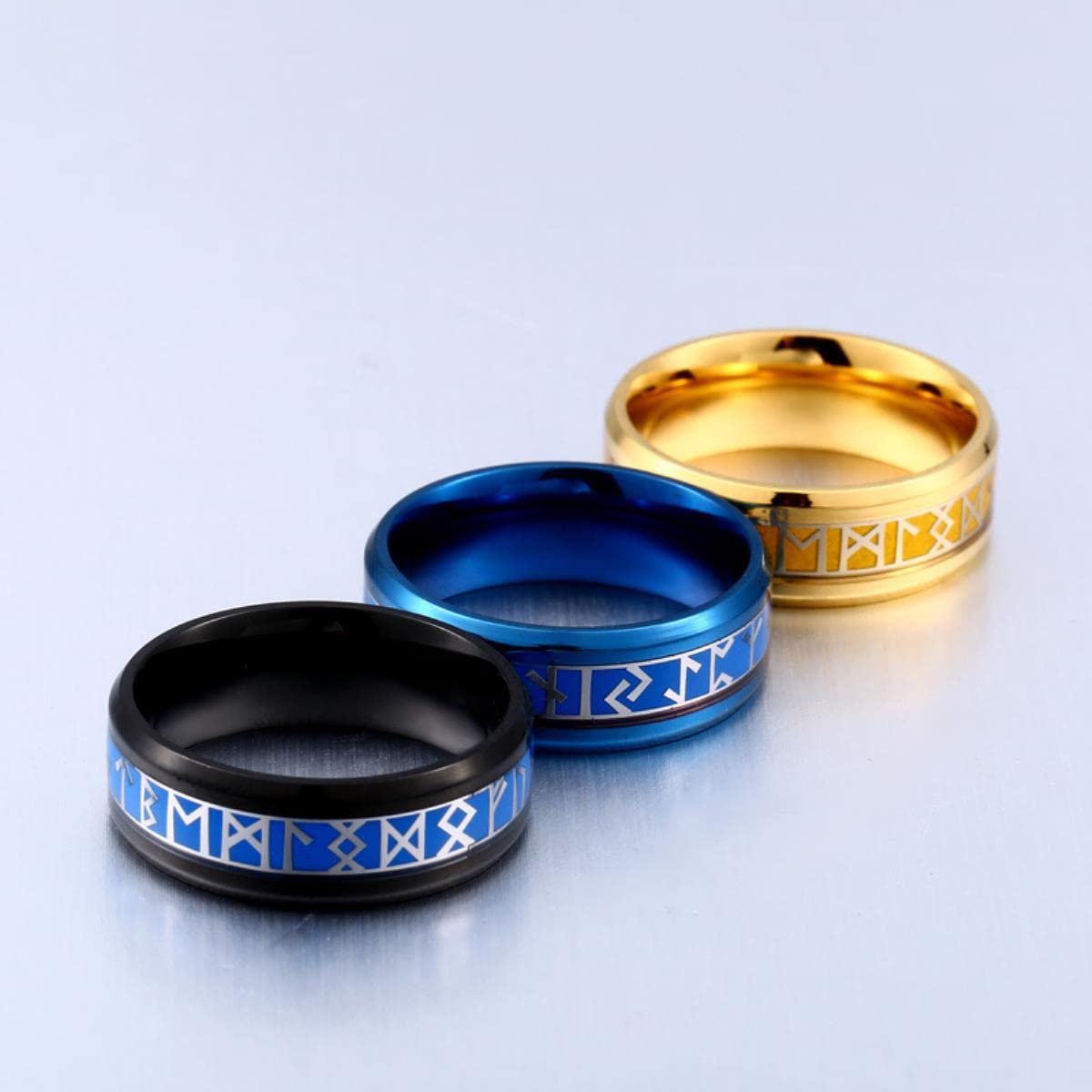 Nordic Viking Rune Stal nierdzewna Męskie kobiety Pierścionki Niebieskie złoto Czarny urok Modny Prosty dla pary Dziewczyna Chłopak Amulet Biżuteria