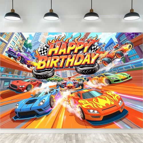 Hot Racing Cars Happy Birthday Backdrop Cool Race Party Decorations 5x3ft