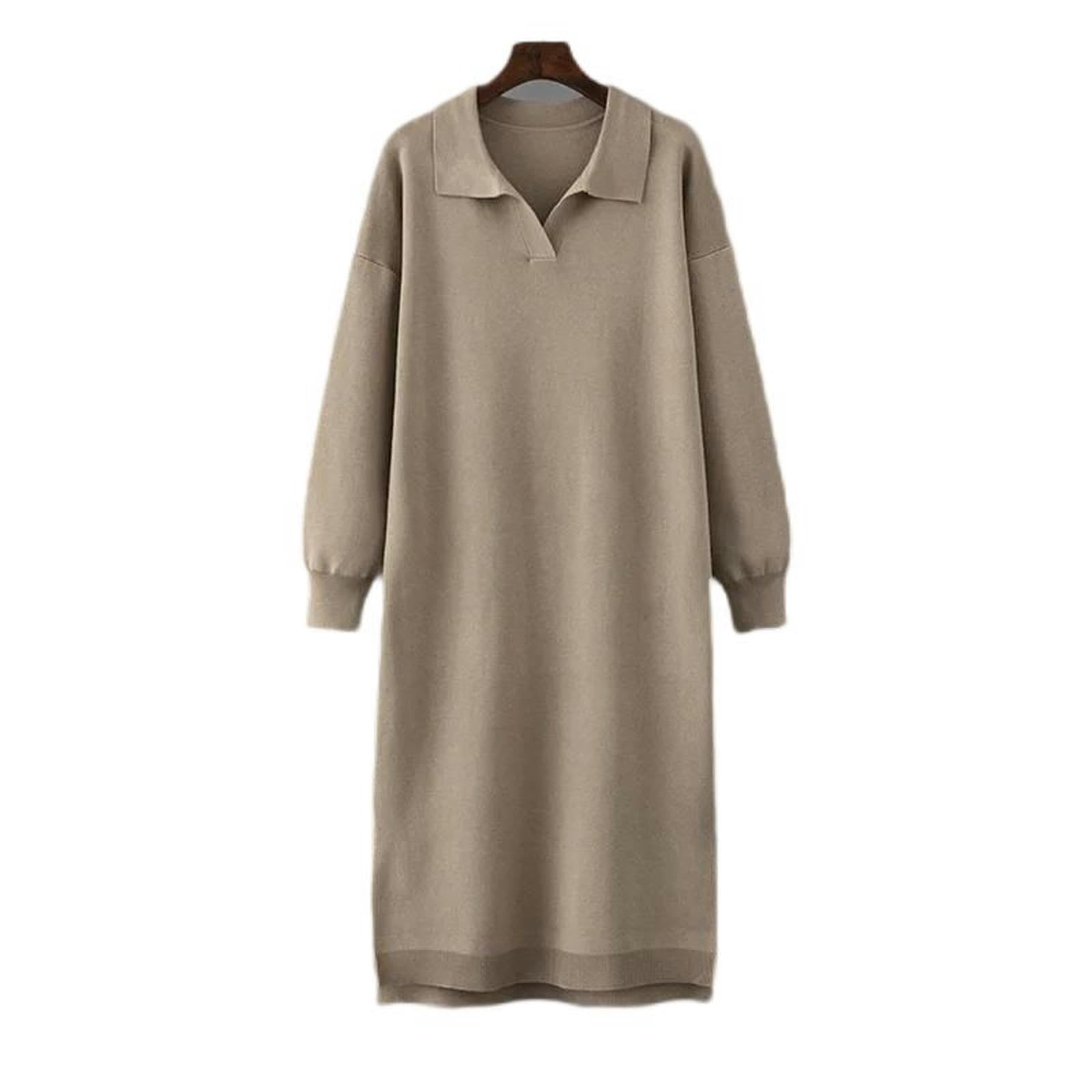 Robe tricotée manches longues style casual chic avec col rabattu vêtement femme taille unique