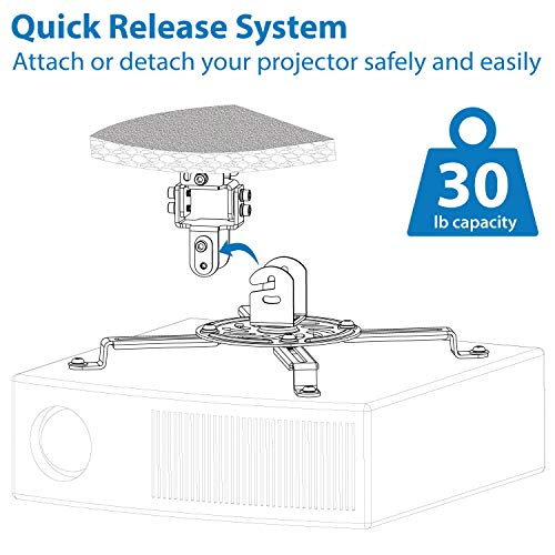 Low Profile Projector Ceiling Mount for Projectors up to 30 lbs | Universal Bracket with Full Motion Rotation and Tilt | 6 Inches High (White)