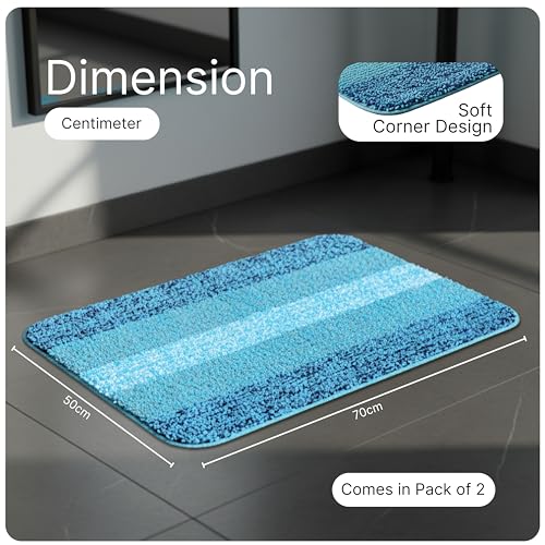 Image of SARAL HOME EASY LIVING Microfiber Striped Rectangle Shaped Anti-Skid Bath Mats|Soft & Super Absorbent Mats for Shower|Washable, Non-Slip & Quick-Drying Mats, 50X70 CM|Set of 2(Turquoise & Black)