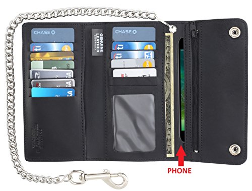 Image of RFID Blocking Men's Tri-fold Vintage Long Style cow Leather With Chain card holder Wallet,MADE IN USA