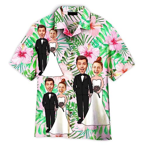 Funny Happy Wedding Couple On Tropical Flowers, Custom Photo Hawaiian Shirt for Men & Women, Custom Face Shirt